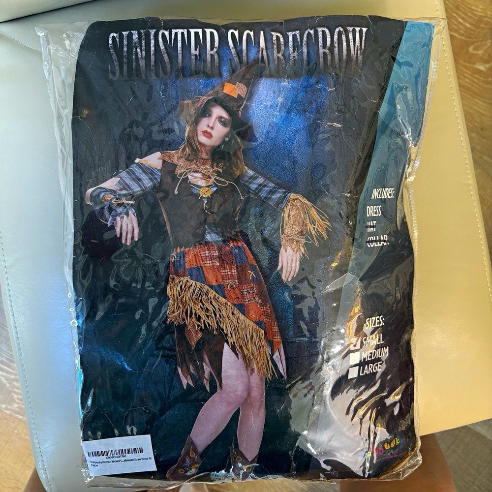 Sinister Scarecrow Halloween Costume Dress Only Brown/Orange/Blue Small Adult